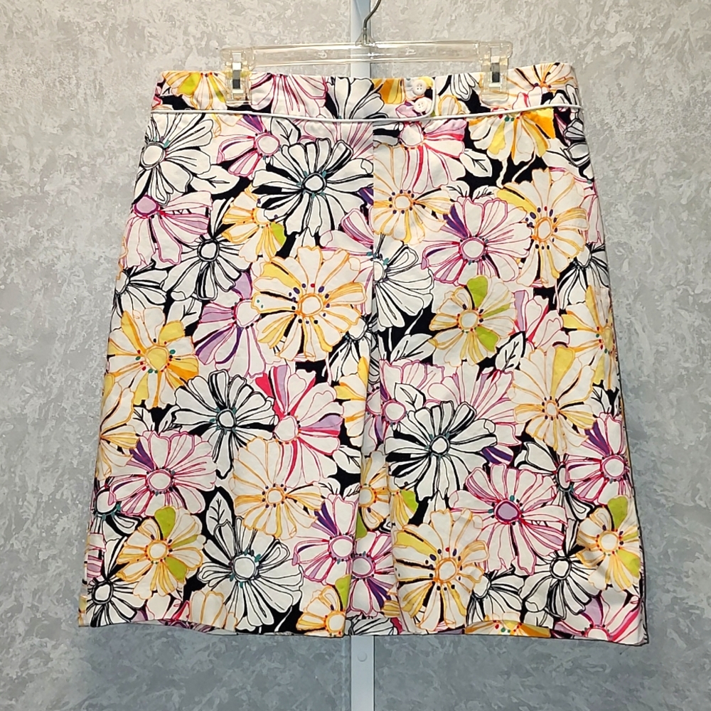 Lands' End Floral A-Line Skirt With Inverted Front Pleat - Size 16